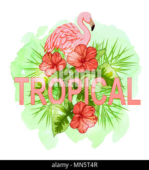 Estate sfondo tropicale con fiori di colore rosso e il fenicottero rosa. Disegnata a mano con illustrazione verde texture ad acquerello Foto Stock