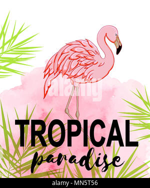 L'estate tropicale con sfondo verde di foglie di palma e il fenicottero rosa. Disegnata a mano con illustrazione rosa texture ad acquerello Foto Stock