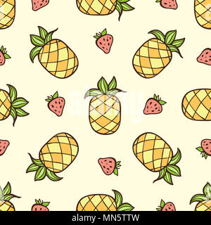 Doodle seamless pattern con fragola e ananas. Foto Stock