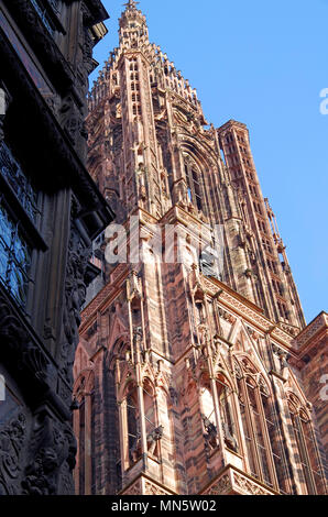 La torre e la guglia sul fronte ovest della cattedrale di Notre Dame de Strasbourg, con angolo di medievale adiacente edificio con travi di legno. Foto Stock
