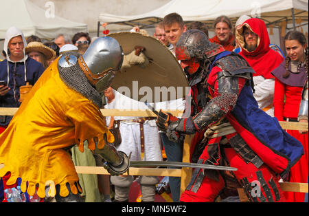 Combattimenti cavaliere del. "Cavaliere del torneo con prugna". Szydlow, Polonia, 23 luglio 2017. Foto Stock