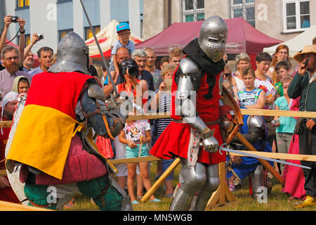 Combattimenti cavaliere del. "Cavaliere del torneo con prugna". Szydlow, Polonia, 23 luglio 2017. Foto Stock