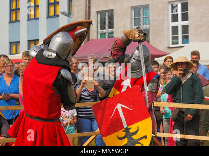 Combattimenti cavaliere del. "Cavaliere del torneo con prugna". Szydlow, Polonia, 23 luglio 2017. Foto Stock