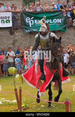 Cavaliere di dimostrazione di una lotta e tecniche di equitazione. "Cavaliere del torneo con prugna". Szydlow, Polonia, 23 luglio 2017. Foto Stock