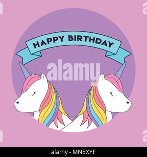 Buon compleanno design con graziosi unicorns icona e nastro decorativo su sfondo viola, design colorato. illustrazione vettoriale Illustrazione Vettoriale