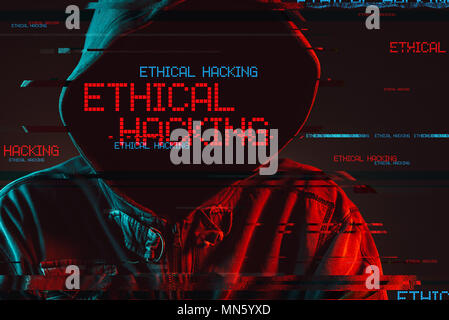 Ethical hacking concetto con volto incappucciato persona maschile, chiave di basso di rosso e di blu accesa e immagine digitale effetti spuri Foto Stock