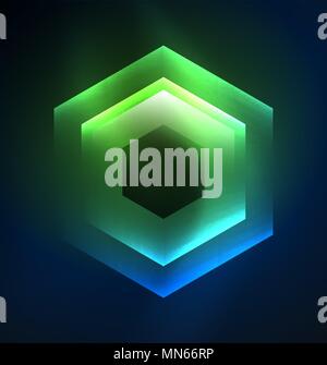 Techno vetro incandescente esagoni sfondo vettoriale. Techno vetro incandescente esagoni sfondo vettoriale, futuristico modello scuro con neon gli effetti di luce e forme semplici Illustrazione Vettoriale