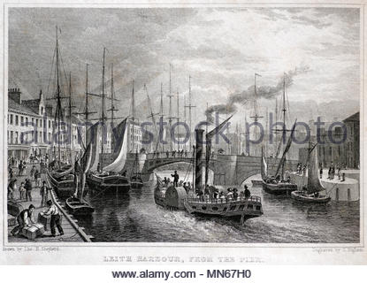 Leith Harbour, dal molo, Edimburgo, antica incisione da 1829 Foto Stock