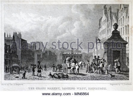 Il GrassMarket Edinburgh guardando ad ovest, Edimburgo, antica incisione da 1829 Foto Stock