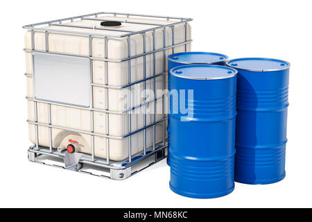 Intermediate Bulk Container con fusti metallici, rendering 3D isolati su sfondo bianco Foto Stock