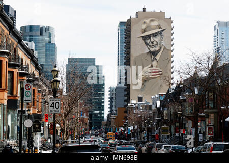 Un ritratto di Leonard Cohen dipinta sul lato di un edificio a Montreal, Quebec, Canada Foto Stock