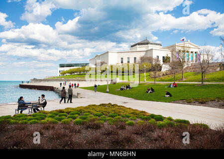 Persone sedersi in un parco lungo il lago Michigan accanto al campo Museum, Chicago, Illinois su un poco nuvoloso cielo blu giorno Foto Stock