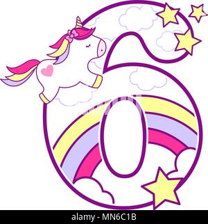 Numero 6 con graziosi unicorn e rainbow. può essere usato per il bambino nascita annunci, decorazione di vivaio, parte il tema o compleanno invito. Design per b Illustrazione Vettoriale