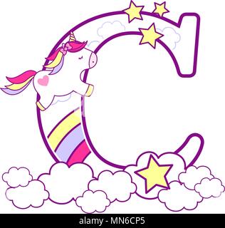 C iniziale con graziosi unicorn e rainbow. può essere usato per il bambino nascita annunci, decorazione di vivaio, parte il tema o compleanno invito. Design per Illustrazione Vettoriale