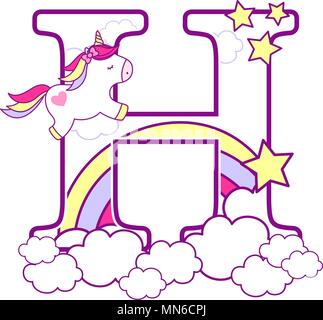 Iniziale di h con graziosi unicorn e rainbow. può essere usato per il bambino nascita annunci, decorazione di vivaio, parte il tema o compleanno invito. Design per Illustrazione Vettoriale