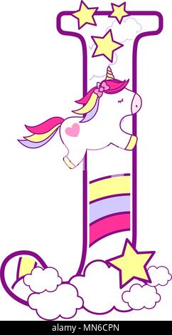 J iniziale con graziosi unicorn e rainbow. può essere usato per il bambino nascita annunci, decorazione di vivaio, parte il tema o compleanno invito. Design per Illustrazione Vettoriale