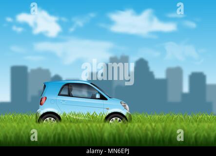 Concetto di eco friendly auto sull'erba verde sulla città con uno sfondo con effetto di sfocatura. Illustrazione Vettoriale
