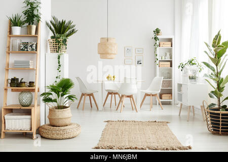 Pouf e tappeto marrone vicino armadio bianco naturale e in sala da pranzo interno con sedie bianche, piante e ripiani in legno Foto Stock