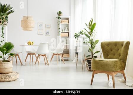 Velluto verde poltrona in piedi in un angolo di una luminosa sala da pranzo interno con windows Foto Stock