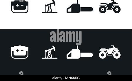 Generatore di icone, chainsaw, ATV, olio oscillazione in bianco e nero. Impostare Illustrazione Vettoriale