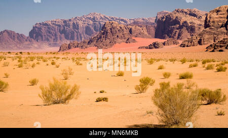 Il Wadi Rum è una spettacolare valle del deserto tagliato in arenaria e pietra di granito e ha portato la sua designazione come patrimonio mondiale UNESCO Questo meridionale area giordano è un telecomando e in gran parte inospitale landmark per liquidare la vita. Il solo abitanti permanenti sono diverse migliaia di beduini nomadi e gli abitanti del villaggio. Foto Stock