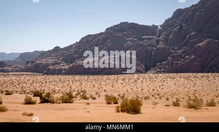 Il Wadi Rum è una spettacolare valle del deserto tagliato in arenaria e pietra di granito e ha portato la sua designazione come patrimonio mondiale UNESCO Questo meridionale area giordano è un telecomando e in gran parte inospitale landmark per liquidare la vita. Il solo abitanti permanenti sono diverse migliaia di beduini nomadi e gli abitanti del villaggio. Foto Stock