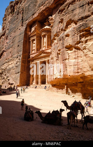 Avviso di cammello di fronte al tesoro (Al-Khazneh) in Petra Sito Patrimonio Mondiale dell'UNESCO per il trasporto di turisti Foto Stock