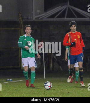 La Giordania Thompson giocando per l'Irlanda del Nord sotto 21 team contro la Spagna al Shamrock Park, Portadown il 22 marzo 2018. Calcio internazionale - 2019 UEFA Under 21 Qualificatore del campionato - Gruppo 2 - Irlanda del Nord / Spagna. Foto Stock