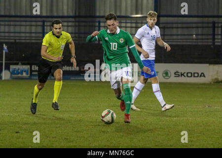 La Giordania Thompson giocando per l'Irlanda del Nord sotto 21 team contro l'Islanda a Coleraine Showgrounds il 26 marzo 2018. Calcio internazionale - 2019 UEFA Under 21 Qualificatore del campionato - Gruppo 2 - Irlanda del Nord 0 Islanda 0. Foto Stock