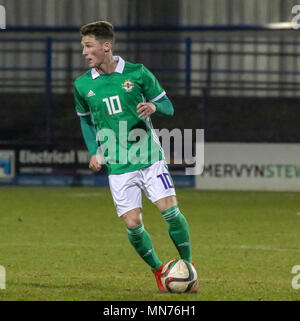 La Giordania Thompson giocando per l'Irlanda del Nord sotto 21 team contro l'Islanda a Coleraine Showgrounds il 26 marzo 2018. Calcio internazionale - 2019 UEFA Under 21 Qualificatore del campionato - Gruppo 2 - Irlanda del Nord 0 Islanda 0. Foto Stock