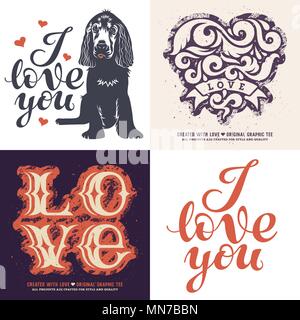 Amore t-shirt graphic design / Set di quattro stampe romantica / Graphic Tee / tipografia fatti a mano Illustrazione Vettoriale