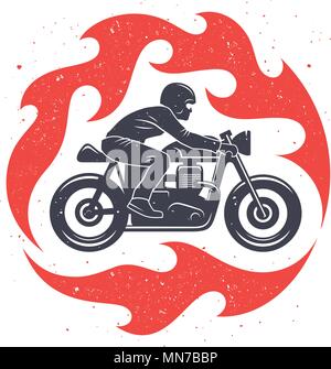 Illustrazione Vettoriale con un motociclista e schizzi di fiamma / Cafe Racer graphic Tee / T-shirt design stampa Illustrazione Vettoriale