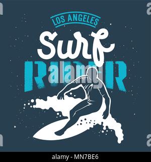 Illustrazione di surf. Los Angeles Surf Rider fatto a mano scritte. T-shirt abbigliamento stampa di grafica. Grafica originale Tee Illustrazione Vettoriale