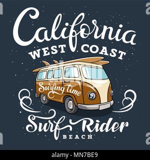 Illustrazione di surf con un furgone hippie. California West Coast. Surfrider beach. T-shirt abbigliamento stampa di grafica. Grafica originale Tee Illustrazione Vettoriale