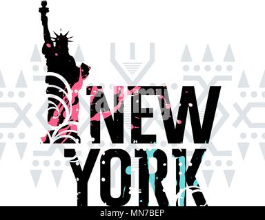 Lettering "New York" e la Statua della Libertà con effetto grunge, macchie di vernice e Tribali etnici pattern. T shirt abbigliamento fashion design Illustrazione Vettoriale
