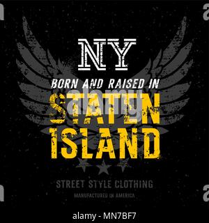 Nato e cresciuto a Staten Island New York. Creative Lettering con abstract American Eagle ali su grunge background. T-shirt concetto di stampa Illustrazione Vettoriale