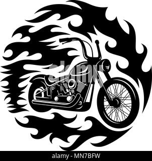 Classica motocicletta del trinciatore con schizzi di fiamma. T-shirt stampa grafici Illustrazione Vettoriale