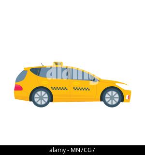 Poster con la macchina yellow cab. Taxi pubblico il concetto di servizio. Isolato su sfondo bianco. Appartamento illustrazione vettoriale. Illustrazione Vettoriale