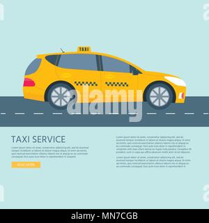 Poster con la macchina yellow cab. Taxi pubblico il concetto di servizio. Isolato su sfondo bianco. Appartamento illustrazione vettoriale. Illustrazione Vettoriale