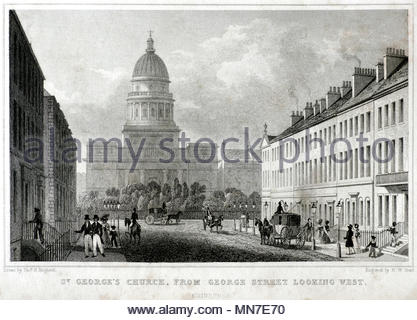 La chiesa di St. Georges da George Street guardando ad ovest, Edimburgo, antica incisione da 1829 Foto Stock