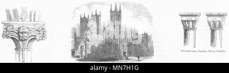 Cattedrale di Lincoln. Capitale, torretta, gable croce, navata 1845 antica stampa Foto Stock