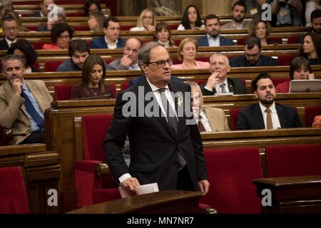 Barcellona, Spagna. 14 Maggio, 2018. Junts per Catalunya candidato del partito per la Catalogna presidenza regionale JOAQUIM TORRA assiste la sessione plenaria al parlamento catalano. Credito: Jordi Boixareu/Alamy Live News Foto Stock
