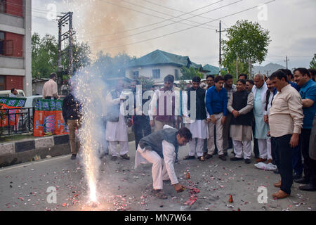 BJP lavoratori visto guardando il firecrakers come si celebra il partito votare portano a Srinagar il martedì. Il Bharatiya Janata Party (BJP), Kashmir, unità di oggi scoppiare petardi e dolciumi distribuiti al di fuori del suo partito ufficio qui a celebrare la derivazione elettorale in voti in Karnataka elezioni. Foto Stock