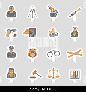 Delitto e castigo icone di adesivi Illustrazione Vettoriale