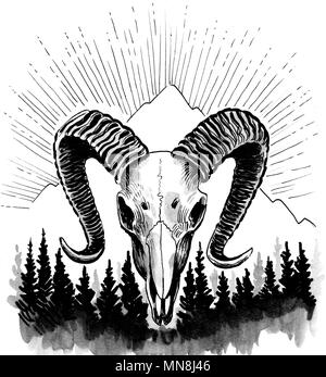 Ram il cranio e la montagna. L'inchiostro bianco e nero illustrazione Foto Stock