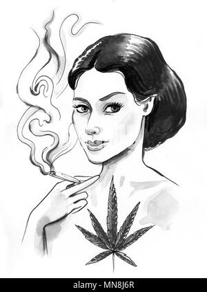 Bella bruna donna fumare marijuana giunto. L'inchiostro bianco e nero illustrazione Foto Stock