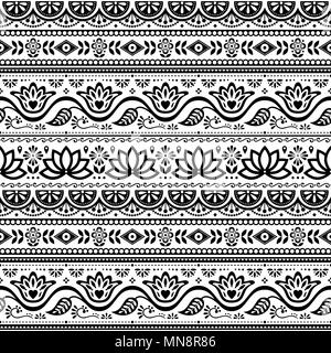 Carrello pakistano vettore d'arte seamless pattern, Indian carrello floral design in bianco e nero con fiore di loto, foglie e forme astratte Illustrazione Vettoriale