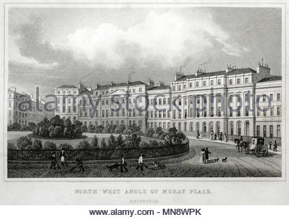 A nord ovest di angolo di Moray Place, Edimburgo, antica incisione da 1829 Foto Stock