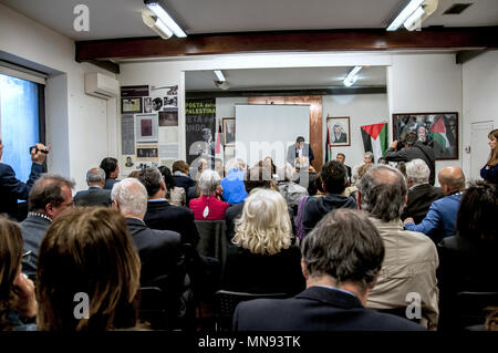 Roma, Italia. 14 Maggio, 2018. Roma. Commemorazione del settantesimo anniversario della la Nakba palestinese presso l Ambasciata Italiana di Palestina. Presente Mai Alkaila, Ambasciatore dello Stato di Palestina e Rappresentante permanente presso le agenzie delle Nazioni Unite FAO, IFAD e PAM fin dal 2013. Credito: Patrizia Cortellessa/Pacific Press/Alamy Live News Foto Stock