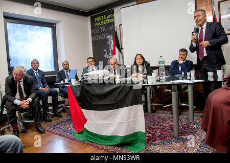 Roma, Italia. 14 Maggio, 2018. Roma. Commemorazione del settantesimo anniversario della la Nakba palestinese presso l Ambasciata Italiana di Palestina. Presente Mai Alkaila, Ambasciatore dello Stato di Palestina e Rappresentante permanente presso le agenzie delle Nazioni Unite FAO, IFAD e PAM fin dal 2013. Il discorso di Yousef Salman, presidente della comunità palestinese di Roma e del Lazio. Credito: Patrizia Cortellessa/Pacific Press/Alamy Live News Foto Stock